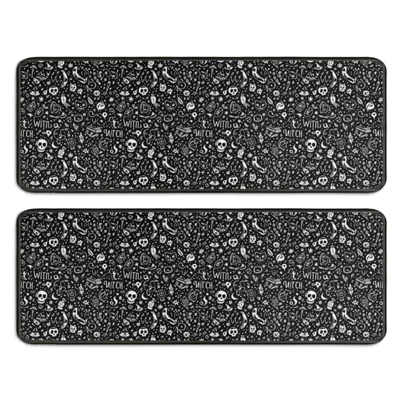 Kitchen Rugs Sets Of 2,Black White Gothic Witch Skull Pattern Anti Fatigue Kitchen Mat Rugs Non Slip Washable,Decorative Kitchen Floor Mats for Kitchen,Sink,Laundry,17"x47"+17"x47"