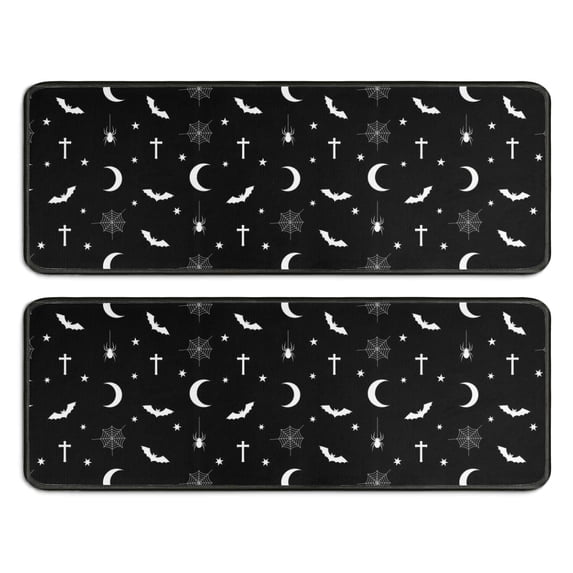 Kitchen Rugs Sets Of 2,Black White Halloween Bat Moon Spider Pattern Anti Fatigue Kitchen Mat Rugs Non Slip Washable,Decorative Kitchen Floor Mats for Kitchen,Sink,Laundry,17"x47"+17"x47"