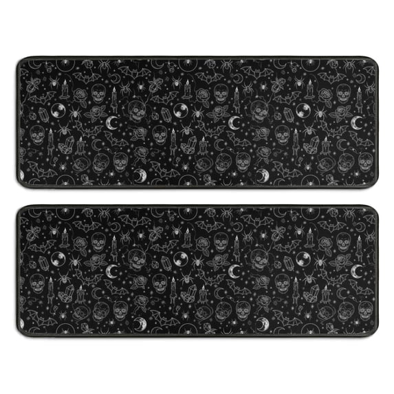 Kitchen Rugs Sets Of 2,Black White Halloween Skull Bat Moon Pattern Anti Fatigue Kitchen Mat Rugs Non Slip Washable,Decorative Kitchen Floor Mats for Kitchen,Sink,Laundry,17"x47"+17"x47"