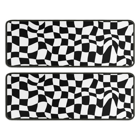 Kitchen Rugs Sets Of 2,Black and White Wavy Checkerboard Pattern Anti Fatigue Kitchen Mat Rugs Non Slip Washable,Decorative Kitchen Floor Mats for Kitchen,Sink,Laundry,17"x47"+17"x47"