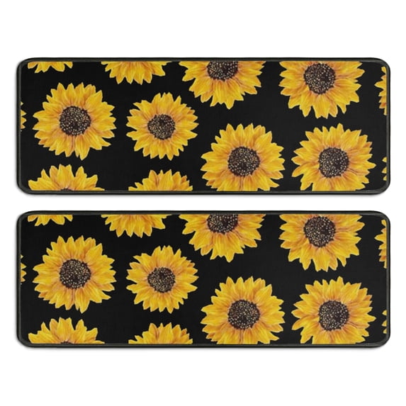 Kitchen Rugs Sets Of 2,Black Yellow Sunflower Pattern Anti Fatigue Kitchen Mat Rugs Non Slip Washable,Decorative Kitchen Floor Mats for Kitchen,Sink,Laundry,17"x47"+17"x47"