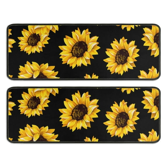 Kitchen Rugs Sets Of 2,Black Yellow Sunflower Pattern Anti Fatigue Kitchen Mat Rugs Non Slip Washable,Decorative Kitchen Floor Mats for Kitchen,Sink,Laundry,17"x47"+17"x47"