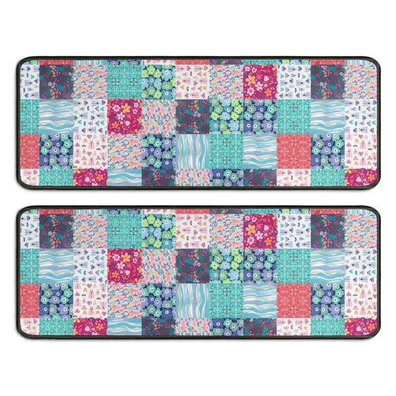 Kitchen Rugs Sets Of 2,Blue Boho Pioneer Flower Patchwork Pattern Anti Fatigue Kitchen Mat Rugs Non Slip Washable,Decorative Kitchen Floor Mats for Kitchen,Sink,Laundry,17"x47"+17"x47"