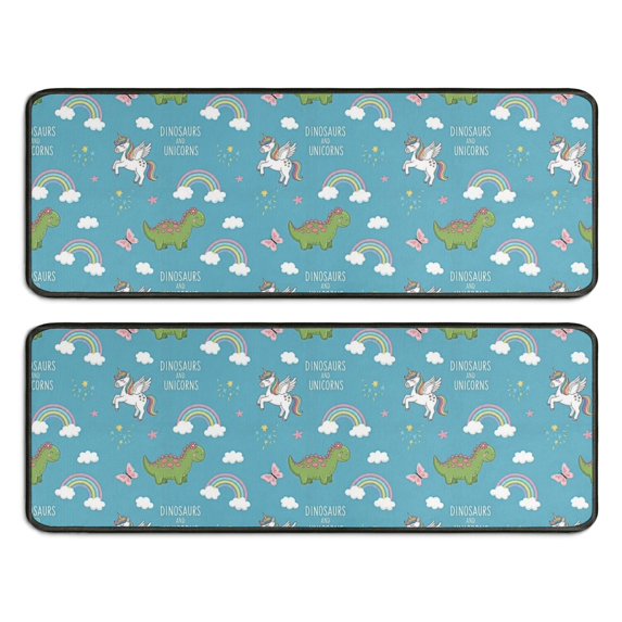 Kitchen Rugs Sets Of 2,Blue Cartoon Dinosaur and Unicorn Rainbow Cloud Anti Fatigue Kitchen Mat Rugs Non Slip Washable,Decorative Kitchen Floor Mats for Kitchen,Sink,Laundry,17"x47"+17"x47"
