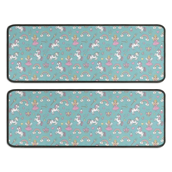 Kitchen Rugs Sets Of 2,Blue Cartoon Unicorn and Fairy Rainbow Pattern Anti Fatigue Kitchen Mat Rugs Non Slip Washable,Decorative Kitchen Floor Mats for Kitchen,Sink,Laundry,17"x47"+17"x47"