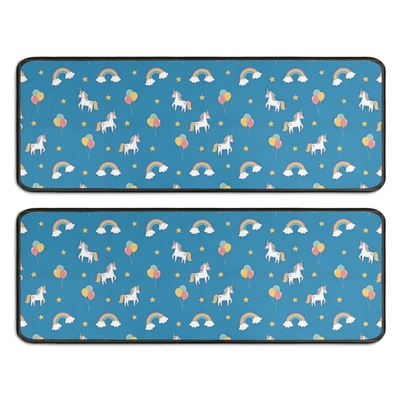 Kitchen Rugs Sets Of 2,Blue Cartoon Unicorn Rainbow Cloud Star Balloon Anti Fatigue Kitchen Mat Rugs Non Slip Washable,Decorative Kitchen Floor Mats for Kitchen,Sink,Laundry,17"x47"+17"x47"