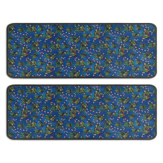 Kitchen Rugs Sets Of 2,Blue Christmas Holly and Candy Cane Pattern Anti Fatigue Kitchen Mat Rugs Non Slip Washable,Decorative Kitchen Floor Mats for Kitchen,Sink,Laundry,17"x47"+17"x47"