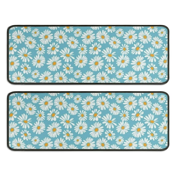 Kitchen Rugs Sets Of 2,Blue Daisy Flower Pattern Anti Fatigue Kitchen Mat Rugs Non Slip Washable,Decorative Kitchen Floor Mats for Kitchen,Sink,Laundry,17"x47"+17"x47"
