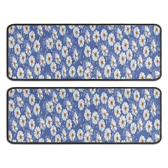 Kitchen Rugs Sets Of 2,Blue Daisy Flower Pattern Anti Fatigue Kitchen Mat Rugs Non Slip Washable,Decorative Kitchen Floor Mats for Kitchen,Sink,Laundry,17"x47"+17"x47"