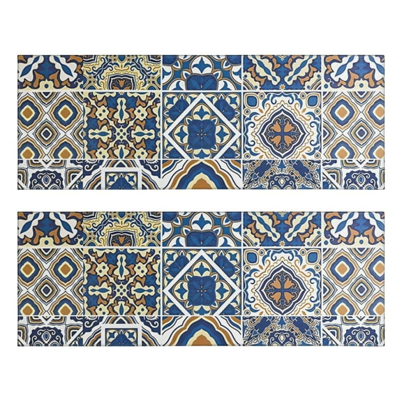 Kitchen Rugs Sets Of 2,Blue Ethnic Geometric Patchwork Pattern Anti Fatigue Kitchen Mat Rugs Non Slip Washable,Decorative Kitchen Floor Mats for Kitchen,Sink,Laundry,17"X47"