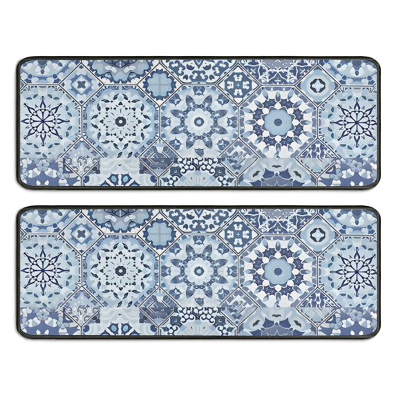 Kitchen Rugs Sets Of 2,Blue Ethnic Geometric Pattern Anti Fatigue Kitchen Mat Rugs Non Slip Washable,Decorative Kitchen Floor Mats for Kitchen,Sink,Laundry,17"x47"+17"x47"
