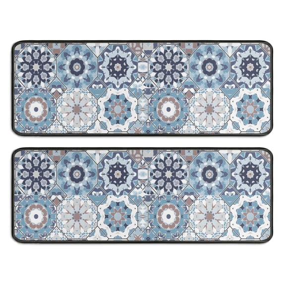 Kitchen Rugs Sets Of 2,Blue Ethnic Geometric Pattern Anti Fatigue Kitchen Mat Rugs Non Slip Washable,Decorative Kitchen Floor Mats for Kitchen,Sink,Laundry,17"x47"+17"x47"