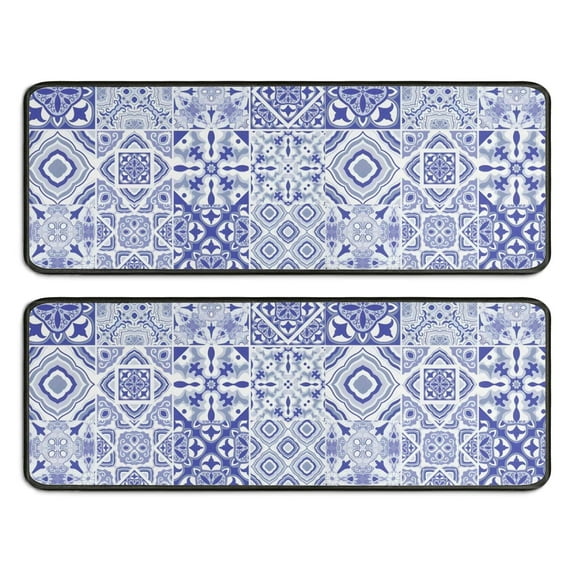 Kitchen Rugs Sets Of 2,Blue Ethnic Geometric Pattern Anti Fatigue Kitchen Mat Rugs Non Slip Washable,Decorative Kitchen Floor Mats for Kitchen,Sink,Laundry,17"x47"+17"x47"