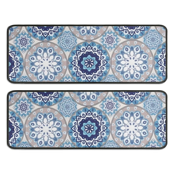 Kitchen Rugs Sets Of 2,Blue Ethnic Mandala Pattern Anti Fatigue Kitchen Mat Rugs Non Slip Washable,Decorative Kitchen Floor Mats for Kitchen,Sink,Laundry,17"x47"+17"x47"