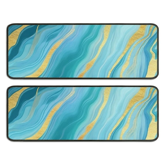 Kitchen Rugs Sets Of 2,Blue and Gold Marble Shimmer Streaks Pattern Anti Fatigue Kitchen Mat Rugs Non Slip Washable,Decorative Kitchen Floor Mats for Kitchen,Sink,Laundry,17"x47"+17"x47"