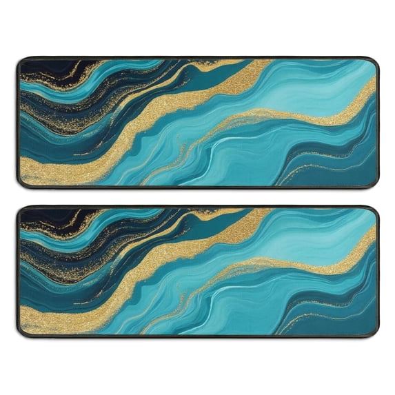 Kitchen Rugs Sets Of 2,Blue Gold Wave Marble Pattern Anti Fatigue Kitchen Mat Rugs Non Slip Washable,Decorative Kitchen Floor Mats for Kitchen,Sink,Laundry,17"x47"+17"x47"