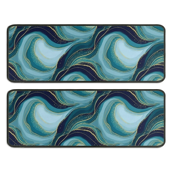 Kitchen Rugs Sets Of 2,Blue Gold Wave Marble Pattern Anti Fatigue Kitchen Mat Rugs Non Slip Washable,Decorative Kitchen Floor Mats for Kitchen,Sink,Laundry,17"x47"+17"x47"