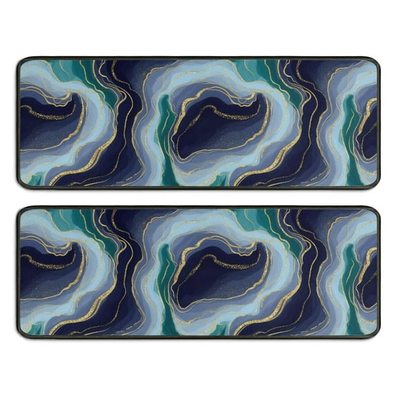 Kitchen Rugs Sets Of 2,Blue Green Gold Marble Pattern Anti Fatigue Kitchen Mat Rugs Non Slip Washable,Decorative Kitchen Floor Mats for Kitchen,Sink,Laundry,17"x47"+17"x47"