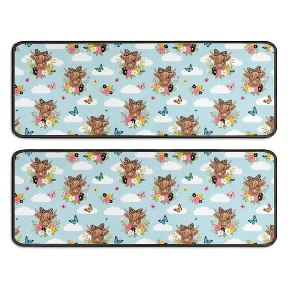 Kitchen Rugs Sets Of 2,Blue Highland Cow Flower Butterfly Pattern Anti Fatigue Kitchen Mat Rugs Non Slip Washable,Decorative Kitchen Floor Mats for Kitchen,Sink,Laundry,17"x47"+17"x47"