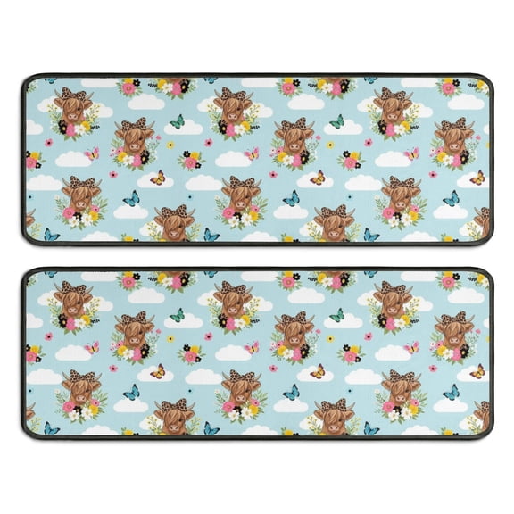 Kitchen Rugs Sets Of 2,Blue Highland Cow Flower Butterfly Pattern Anti Fatigue Kitchen Mat Rugs Non Slip Washable,Decorative Kitchen Floor Mats for Kitchen,Sink,Laundry,17"x47"+17"x47"