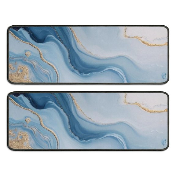 Kitchen Rugs Sets Of 2,Blue Marble Gold Line Pattern Anti Fatigue Kitchen Mat Rugs Non Slip Washable,Decorative Kitchen Floor Mats for Kitchen,Sink,Laundry,17"x47"+17"x47"
