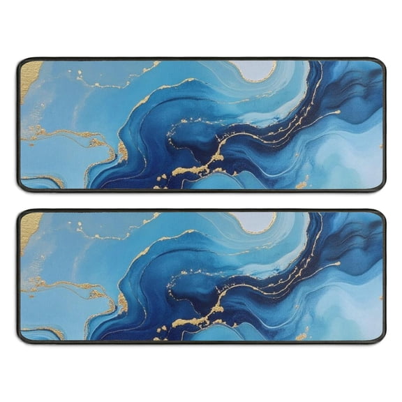 Kitchen Rugs Sets Of 2,Blue Marble Gold Line Pattern Anti Fatigue Kitchen Mat Rugs Non Slip Washable,Decorative Kitchen Floor Mats for Kitchen,Sink,Laundry,17"x47"+17"x47"