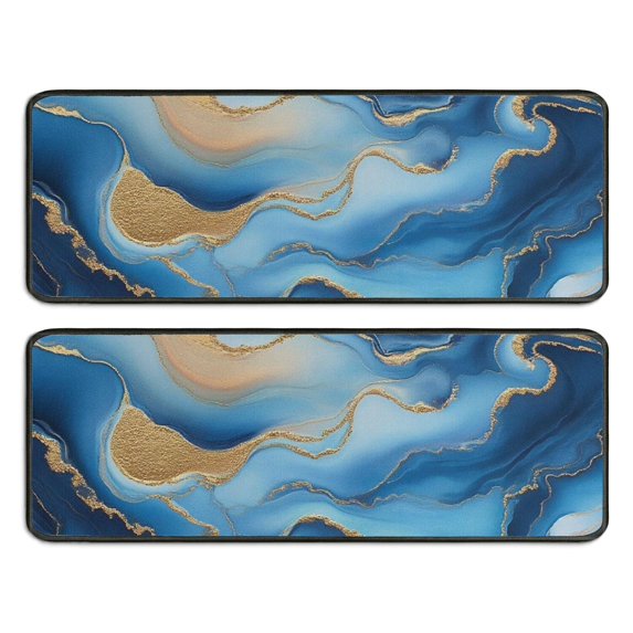 Kitchen Rugs Sets Of 2,Blue Marble Gold Wave Pattern Anti Fatigue Kitchen Mat Rugs Non Slip Washable,Decorative Kitchen Floor Mats for Kitchen,Sink,Laundry,17"x47"+17"x47"