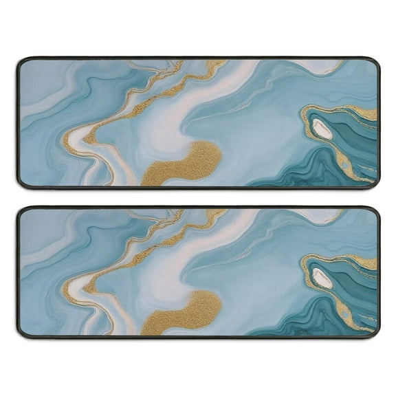 Kitchen Rugs Sets Of 2,Blue Marble Gold Wave Pattern Anti Fatigue Kitchen Mat Rugs Non Slip Washable,Decorative Kitchen Floor Mats for Kitchen,Sink,Laundry,17"x47"+17"x47"