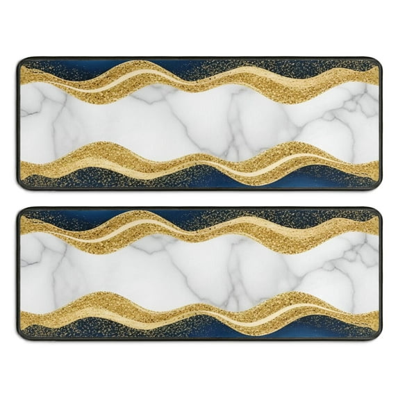 Kitchen Rugs Sets Of 2,Blue Marble Gold Wave Pattern Anti Fatigue Kitchen Mat Rugs Non Slip Washable,Decorative Kitchen Floor Mats for Kitchen,Sink,Laundry,17"x47"+17"x47"
