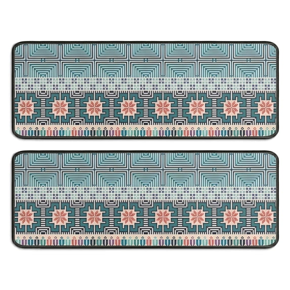 Kitchen Rugs Sets Of 2,Blue and Pink Square Shaped Geometric Boho Pattern Anti Fatigue Kitchen Mat Rugs Non Slip Washable,Decorative Kitchen Floor Mats for Kitchen,Sink,Laundry,17"x47"+17"x47"