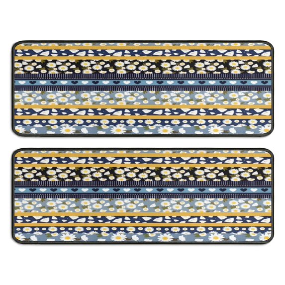 Kitchen Rugs Sets Of 2,Blue Pioneer Flower Striped Pattern Anti Fatigue Kitchen Mat Rugs Non Slip Washable,Decorative Kitchen Floor Mats for Kitchen,Sink,Laundry,17"x47"+17"x47"