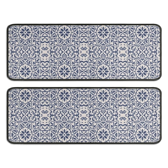 Kitchen Rugs Sets Of 2,Blue Traditional Floral and Vine Pattern Anti Fatigue Kitchen Mat Rugs Non Slip Washable,Decorative Kitchen Floor Mats for Kitchen,Sink,Laundry,17"x47"+17"x47"