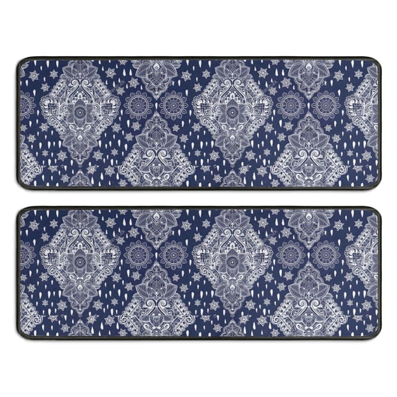 Kitchen Rugs Sets Of 2,Blue and White Ethnic Floral Pattern Anti Fatigue Kitchen Mat Rugs Non Slip Washable,Decorative Kitchen Floor Mats for Kitchen,Sink,Laundry,17"x47"+17"x47"