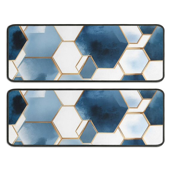 Kitchen Rugs Sets Of 2,Blue White Gold Hexagon Marble Pattern Anti Fatigue Kitchen Mat Rugs Non Slip Washable,Decorative Kitchen Floor Mats for Kitchen,Sink,Laundry,17"x47"+17"x47"