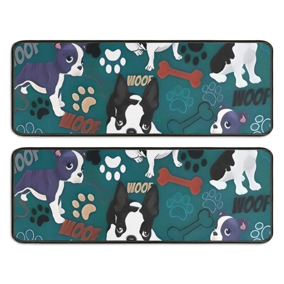 Kitchen Rugs Sets Of 2,Boston Terrier with Bones and Paws Anti Fatigue Kitchen Mat Rugs Non Slip Washable,Decorative Kitchen Floor Mats for Kitchen,Sink,Laundry,17"x47"+17"x47"