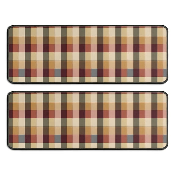 Kitchen Rugs Sets Of 2,Brown Beige Green and Red Checkered Pattern Anti Fatigue Kitchen Mat Rugs Non Slip Washable,Decorative Kitchen Floor Mats for Kitchen,Sink,Laundry,17"x47"+17"x47"