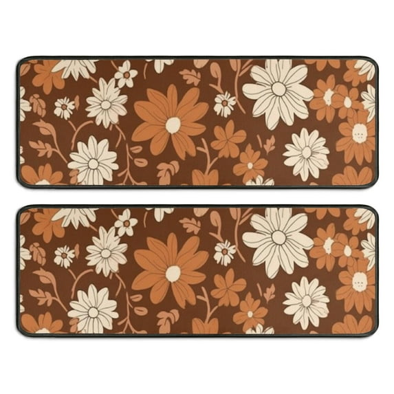 Kitchen Rugs Sets Of 2,Brown Daisy Flower Floral Pattern Anti Fatigue Kitchen Mat Rugs Non Slip Washable,Decorative Kitchen Floor Mats for Kitchen,Sink,Laundry,17"x47"+17"x47"