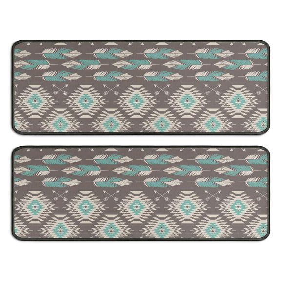 Kitchen Rugs Sets Of 2,Brown Ethnic Feather Pattern Anti Fatigue Kitchen Mat Rugs Non Slip Washable,Decorative Kitchen Floor Mats for Kitchen,Sink,Laundry,17"x47"+17"x47"