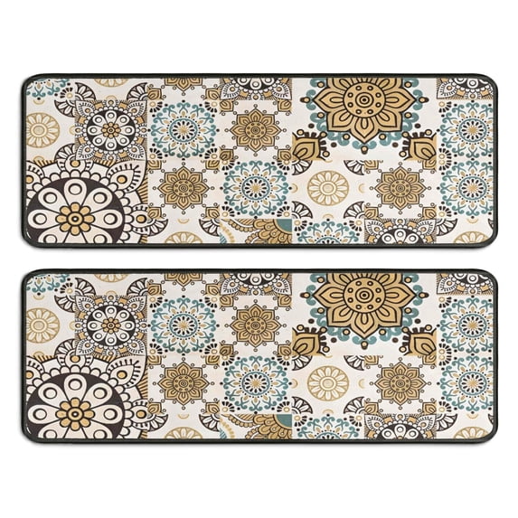 Kitchen Rugs Sets Of 2,Brown Ethnic Floral and Mandala Pattern Anti Fatigue Kitchen Mat Rugs Non Slip Washable,Decorative Kitchen Floor Mats for Kitchen,Sink,Laundry,17"x47"+17"x47"