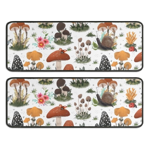 Kitchen Rugs Sets Of 2,Brown Mushroom Bug White Pattern Anti Fatigue Kitchen Mat Rugs Non Slip Washable,Decorative Kitchen Floor Mats for Kitchen,Sink,Laundry,17"x47"+17"x47"