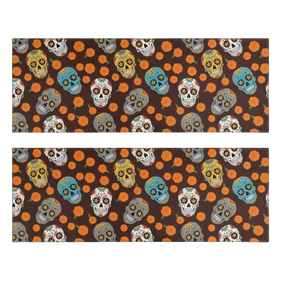 Kitchen Rugs Sets Of 2,Brown Skull Marigold Pattern Anti Fatigue Kitchen Mat Rugs Non Slip Washable,Decorative Kitchen Floor Mats for Kitchen,Sink,Laundry,17"X47"