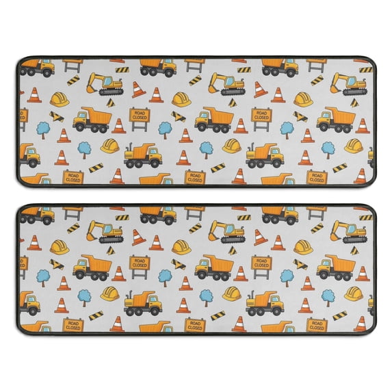 Kitchen Rugs Sets Of 2,Cartoon Construction Vehicles Helmets Anti Fatigue Kitchen Mat Rugs Non Slip Washable,Decorative Kitchen Floor Mats for Kitchen,Sink,Laundry,17"x47"+17"x47"