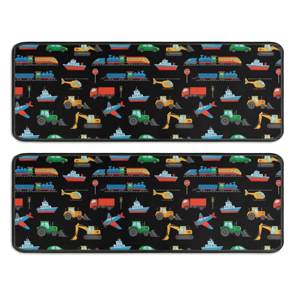 Kitchen Rugs Sets Of 2,Cartoon Traffic Vehicles Planes Black Pattern Anti Fatigue Kitchen Mat Rugs Non Slip Washable,Decorative Kitchen Floor Mats for Kitchen,Sink,Laundry,17"x47"+17"x47"