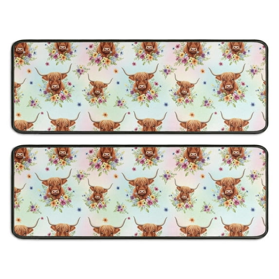Kitchen Rugs Sets Of 2,Colorful Highland Cow Flower Pattern Anti Fatigue Kitchen Mat Rugs Non Slip Washable,Decorative Kitchen Floor Mats for Kitchen,Sink,Laundry,17"x47"+17"x47"