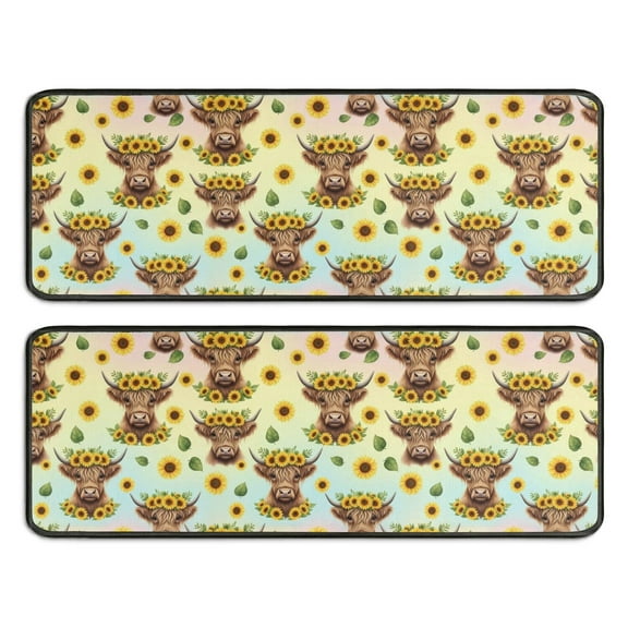 Kitchen Rugs Sets Of 2,Colorful Highland Cow Sunflower Pattern Anti Fatigue Kitchen Mat Rugs Non Slip Washable,Decorative Kitchen Floor Mats for Kitchen,Sink,Laundry,17"x47"+17"x47"