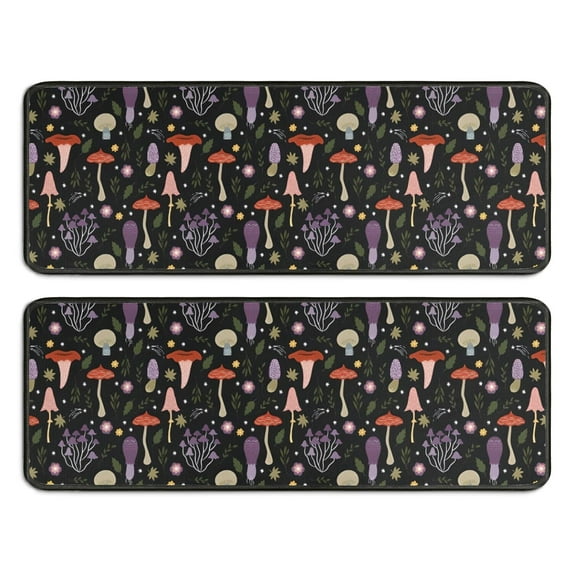 Kitchen Rugs Sets Of 2,Colorful Mushroom Floral Black Pattern Anti Fatigue Kitchen Mat Rugs Non Slip Washable,Decorative Kitchen Floor Mats for Kitchen,Sink,Laundry,17"x47"+17"x47"