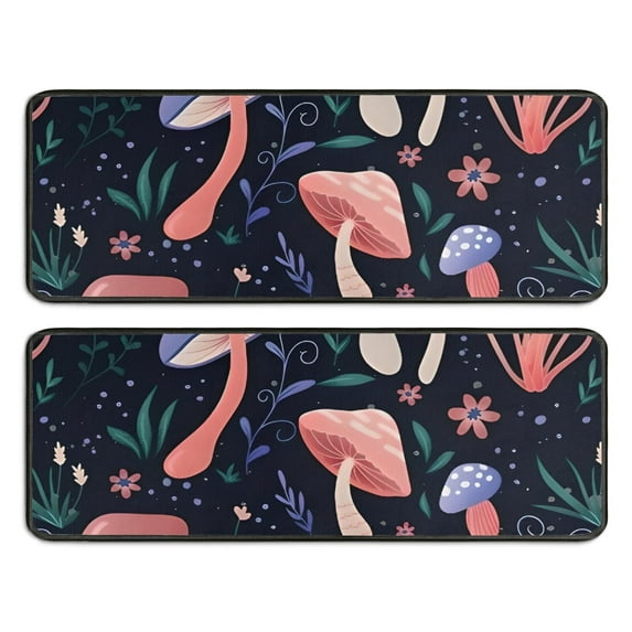 Kitchen Rugs Sets Of 2,Colorful Mushroom Flower Dark Pattern Anti Fatigue Kitchen Mat Rugs Non Slip Washable,Decorative Kitchen Floor Mats for Kitchen,Sink,Laundry,17"x47"+17"x47"