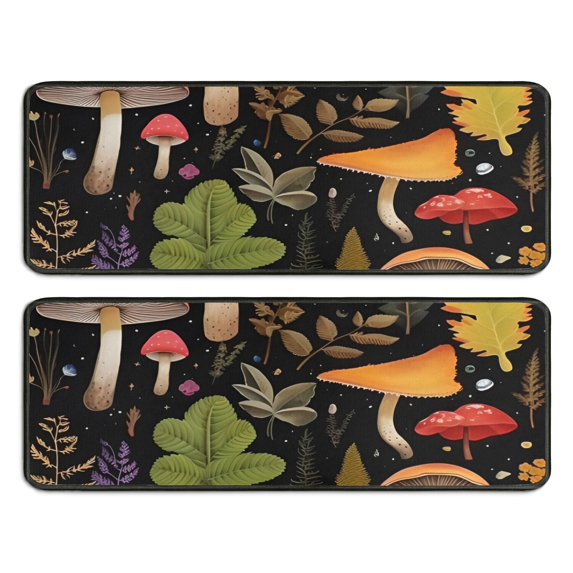Kitchen Rugs Sets Of 2,Colorful Mushroom Leaf Black Pattern Anti Fatigue Kitchen Mat Rugs Non Slip Washable,Decorative Kitchen Floor Mats for Kitchen,Sink,Laundry,17"x47"+17"x47"