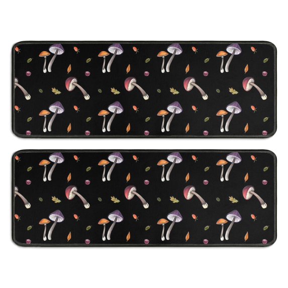 Kitchen Rugs Sets Of 2,Colorful Mushroom Leaf Black Pattern Anti Fatigue Kitchen Mat Rugs Non Slip Washable,Decorative Kitchen Floor Mats for Kitchen,Sink,Laundry,17"x47"+17"x47"