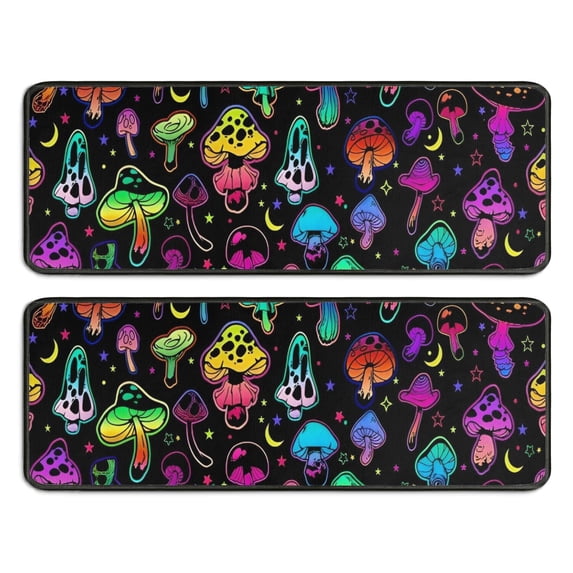 Kitchen Rugs Sets Of 2,Colorful Mushroom Star Black Pattern Anti Fatigue Kitchen Mat Rugs Non Slip Washable,Decorative Kitchen Floor Mats for Kitchen,Sink,Laundry,17"x47"+17"x47"
